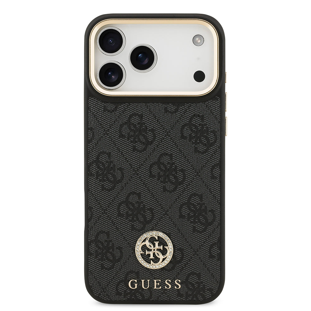 Apple iPhone 17 Pro Max Kılıf Guess Orjinal Lisanslı M-safe Şarj Özellikli Gold Metal Kamera Çerçeveli Taşlı 4G Logolu Kapak Kahverengi