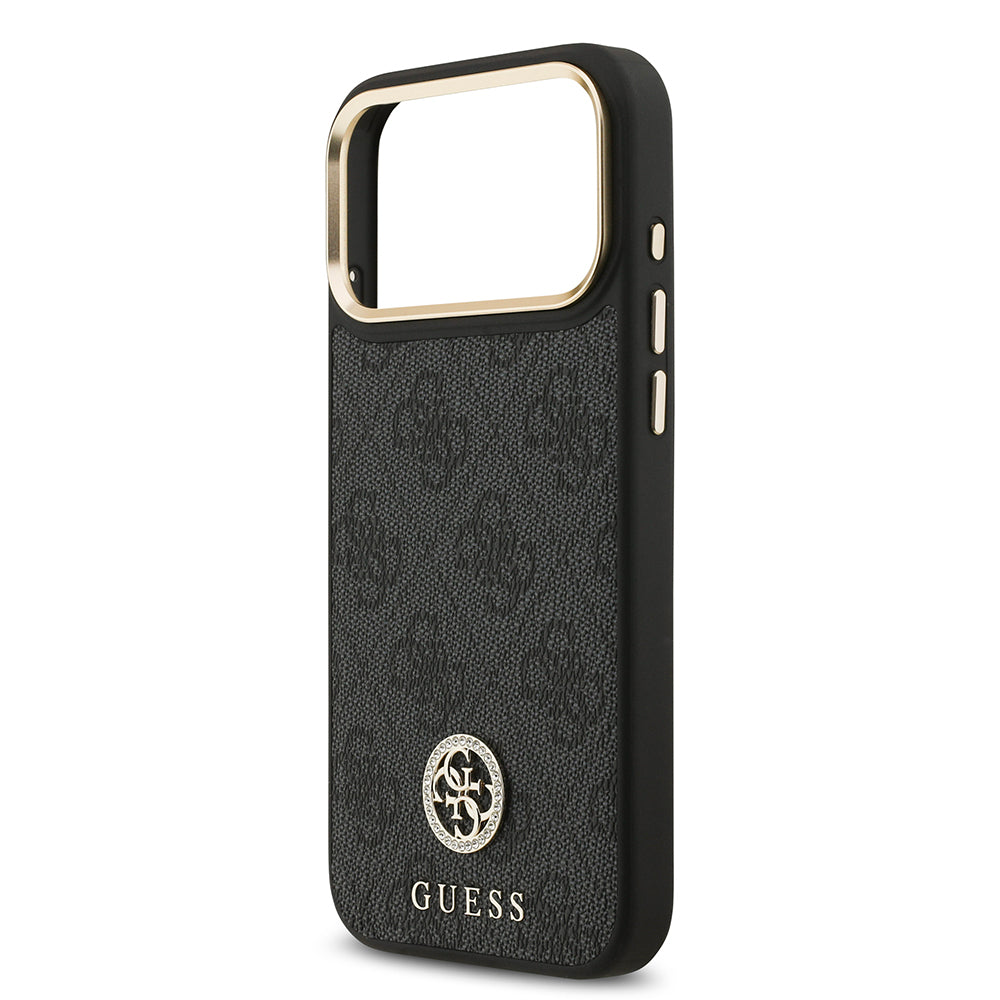 Apple iPhone 17 Pro Max Kılıf Guess Orjinal Lisanslı M-safe Şarj Özellikli Gold Metal Kamera Çerçeveli Taşlı 4G Logolu Kapak Kahverengi