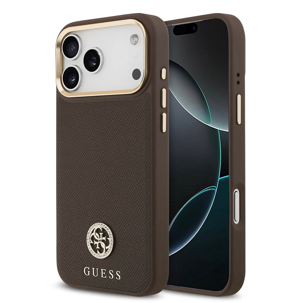 Apple iPhone 17 Pro Max Kılıf Guess Orjinal Lisanslı M-safe Şarj Özellikli Grained Yazı ve Taşlı 4G Logolu Kapak