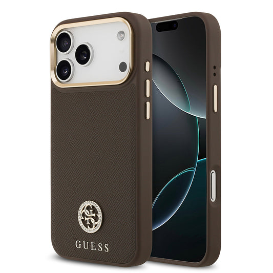 Apple iPhone 17 Pro Max Kılıf Guess Orjinal Lisanslı M-safe Şarj Özellikli Grained Yazı ve Taşlı 4G Logolu Kapak