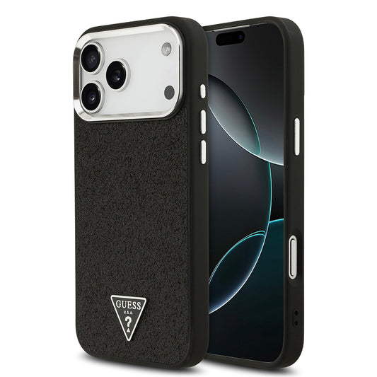Apple iPhone 17 Pro Max Kılıf Guess Orjinal Lisanslı M-safe Şarj Özellikli Metal Kamera Çerçeveli Üçgen Logolu Glitter Kapak