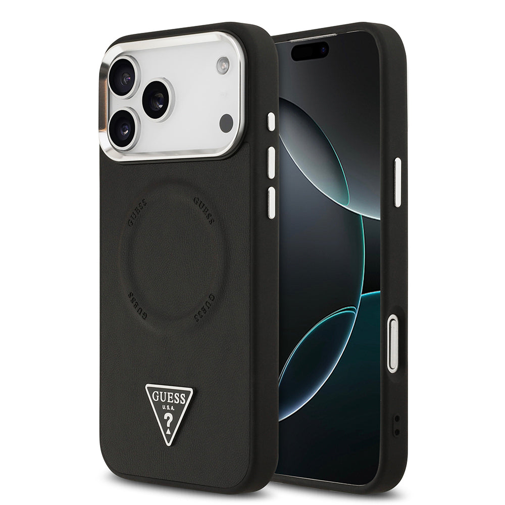 Apple iPhone 17 Pro Max Kılıf Guess Orjinal Lisanslı M-safe Şarj Özellikli PU Deri Metal Kamera Çerçeveli Üçgen Logolu Kapak Siyah