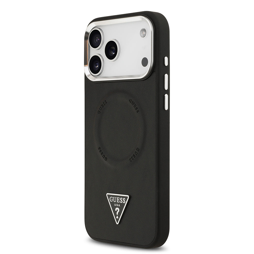 Apple iPhone 17 Pro Max Kılıf Guess Orjinal Lisanslı M-safe Şarj Özellikli PU Deri Metal Kamera Çerçeveli Üçgen Logolu Kapak Siyah