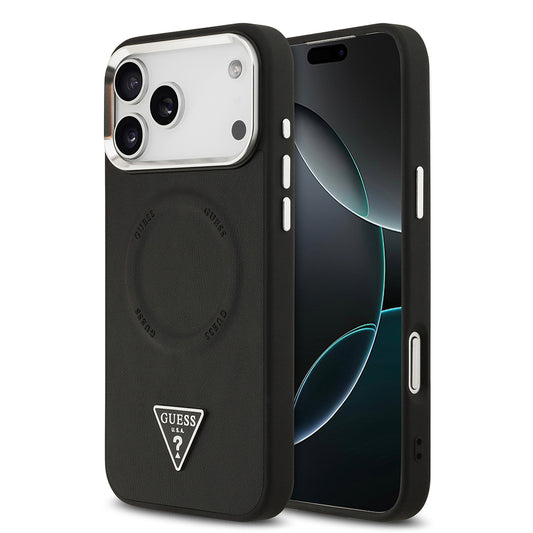 Apple iPhone 17 Pro Max Kılıf Guess Orjinal Lisanslı M-safe Şarj Özellikli PU Deri Metal Kamera Çerçeveli Üçgen Logolu Kapak Siyah