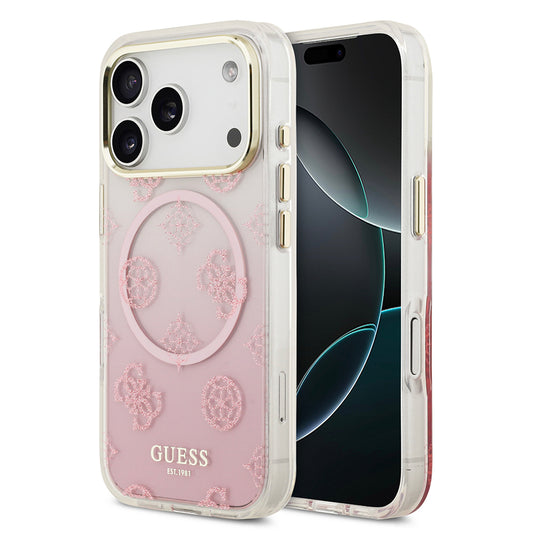Apple iPhone 17 Pro Max Kılıf Guess Orjinal Lisanslı M-safe Şarj Özellikli Simli Peony Desenli Silikon Kapak