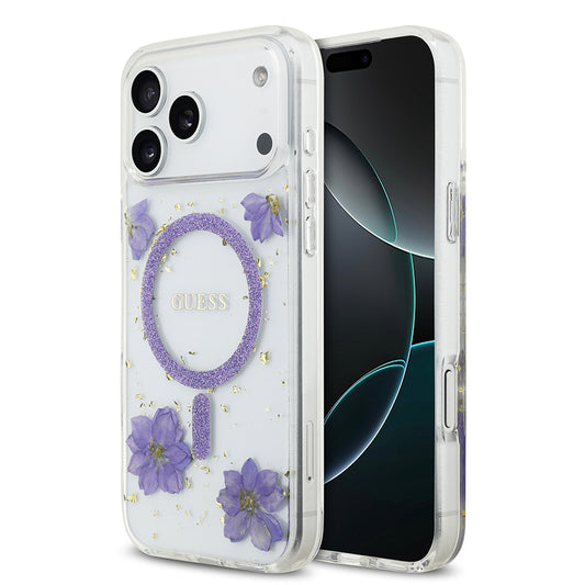 Apple iPhone 17 Pro Max Kılıf Guess Orjinal Lisanslı M-safe Şarj Özellikli Transparan Resin Flowers Kapak