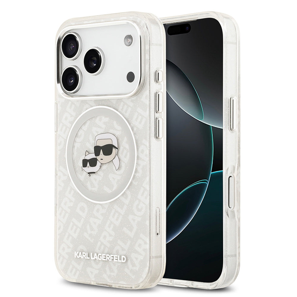 Apple iPhone 17 Pro Max Kılıf Karl Lagerfeld Orjinal Lisanslı Parlayan Simli Karl & Choupette Heads Kapak
