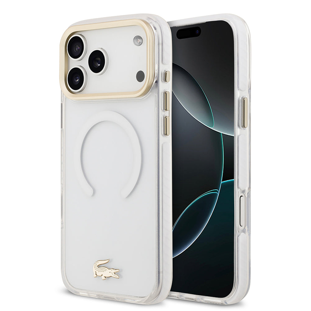 Apple iPhone 17 Pro Max Kılıf Lacoste Orjinal Lisanslı M-safe Şarj Özellikli Gold Timsah Logolu Buzlu Kapak