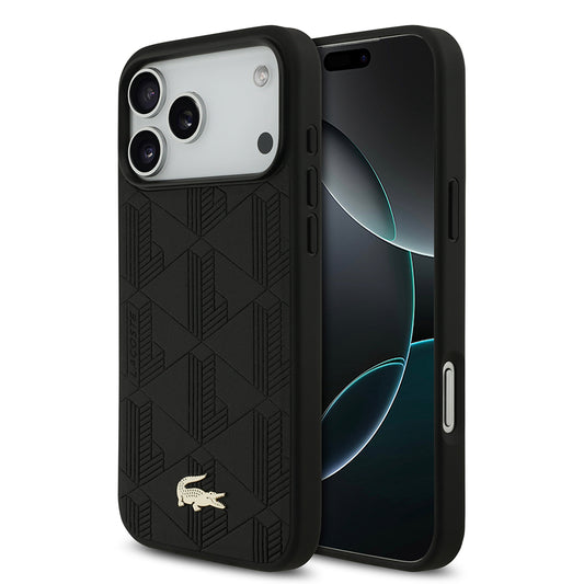 Apple iPhone 17 Pro Max Kılıf Lacoste Orjinal Lisanslı M-safe Şarj Özellikli PU Deri Tasarımlı Karışık Monogram Desenli Kapak