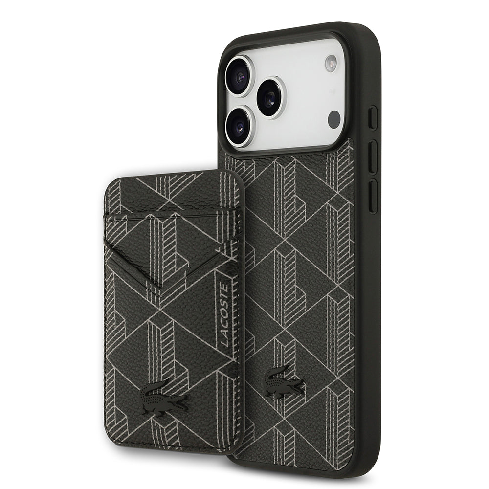 Apple iPhone 17 Pro Max Kılıf Lacoste Orjinal Lisanslı M-safe Şarj Özellikli PU Deri Tasarımlı Kartlıklı Karışık Monogram Desenli Kapak