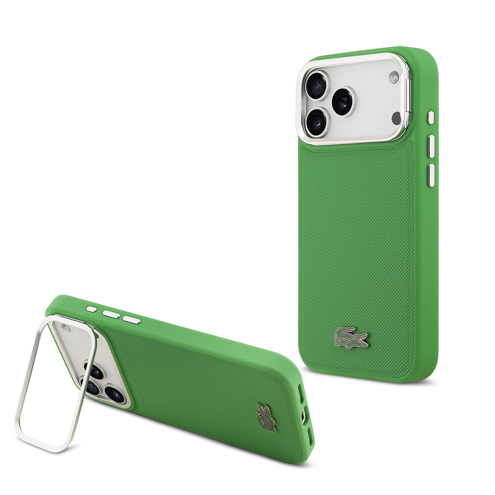 Apple iPhone 17 Pro Max Kılıf Lacoste Orjinal Lisanslı M-safe Şarj Özellikli PU Pike Desenli Standlı Metal Logolu Kapak