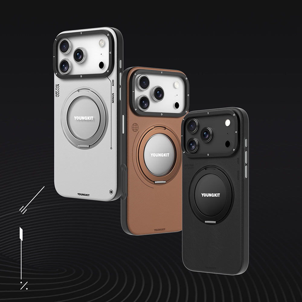 Apple iPhone 17 Pro Max Kılıf M-safe Şarj Özellikli 360 Derece Standlı Basit Mat Deri Desenli Youngkit Tech Leather Serisi Kapak Kahverengi