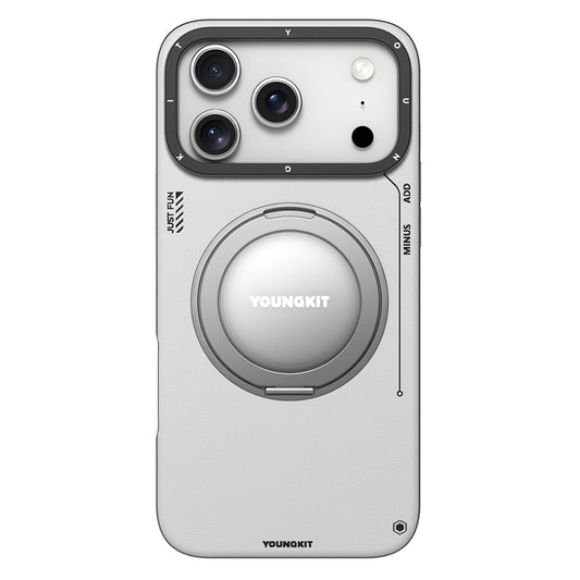 Apple iPhone 17 Pro Max Kılıf M-safe Şarj Özellikli 360 Derece Standlı Basit Mat Deri Desenli Youngkit Tech Leather Serisi Kapak Gri