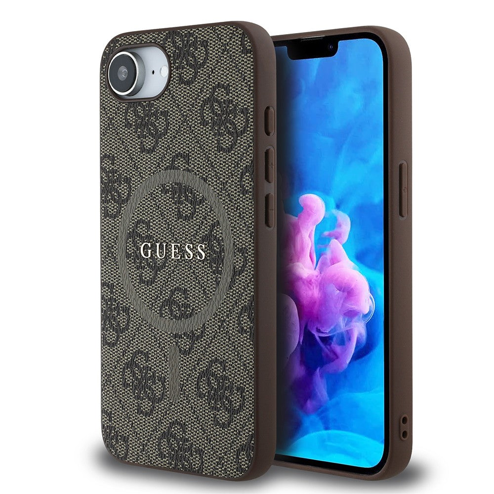 Apple iPhone 17E Kılıf Guess Orjinal Lisanslı M-safe Şarj Özellikli PU Halkalı 4G Desenli Yazı Logolu Kapak