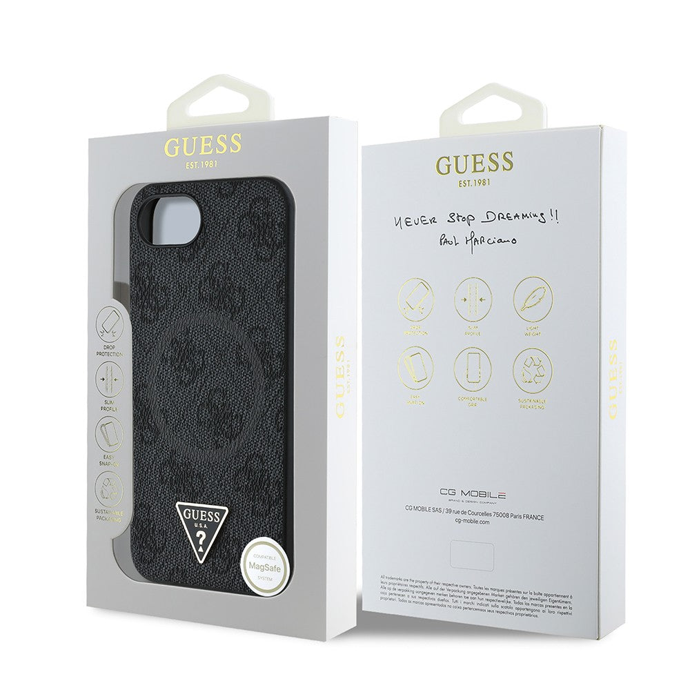 Apple iPhone 17E Kılıf Guess Orjinal Lisanslı M-safe Şarj Özellikli PU Üçgen Logo 4G Desenli Kapak