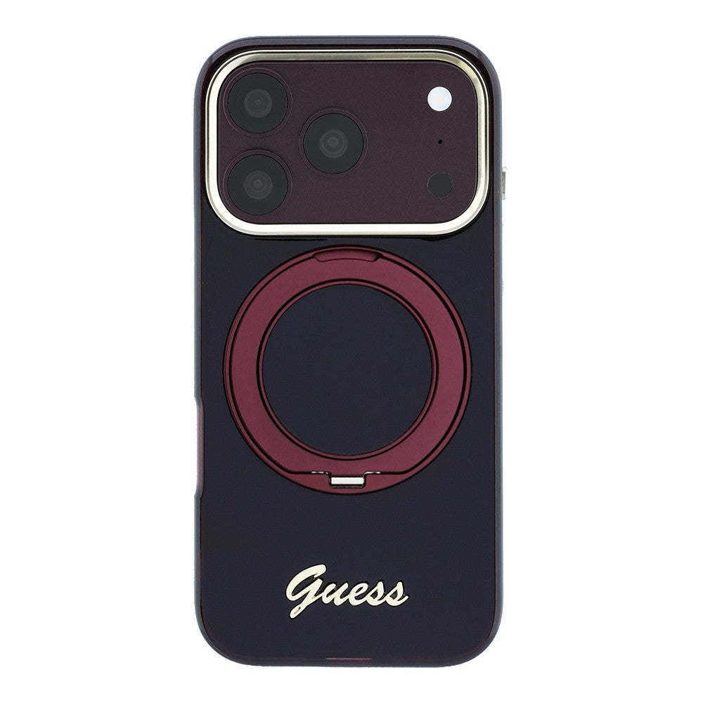 Apple iPhone 18 Pro Kılıf Guess Orjinal Lisanslı M-safe Şarj Özellikli 360 Derece Dönebilen Standlı Metal Yazı Logolu Silikon Kapak