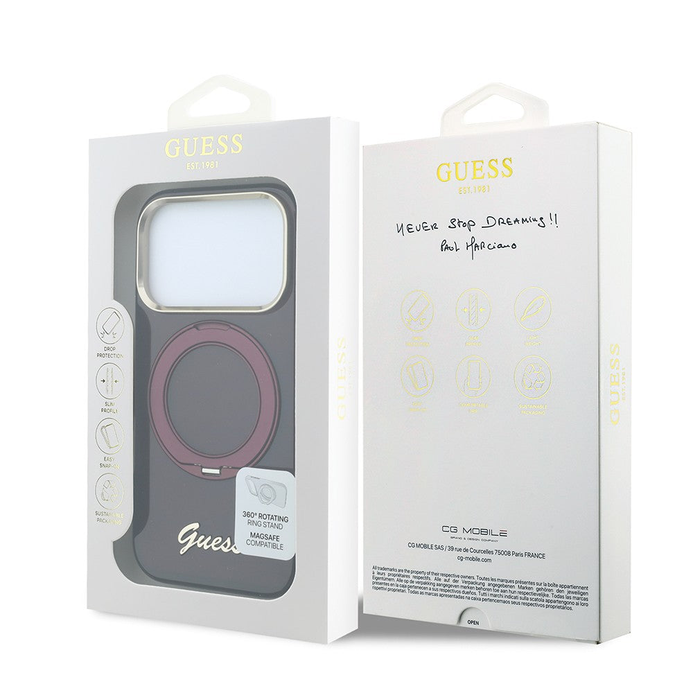 Apple iPhone 18 Pro Kılıf Guess Orjinal Lisanslı M-safe Şarj Özellikli 360 Derece Dönebilen Standlı Metal Yazı Logolu Silikon Kapak