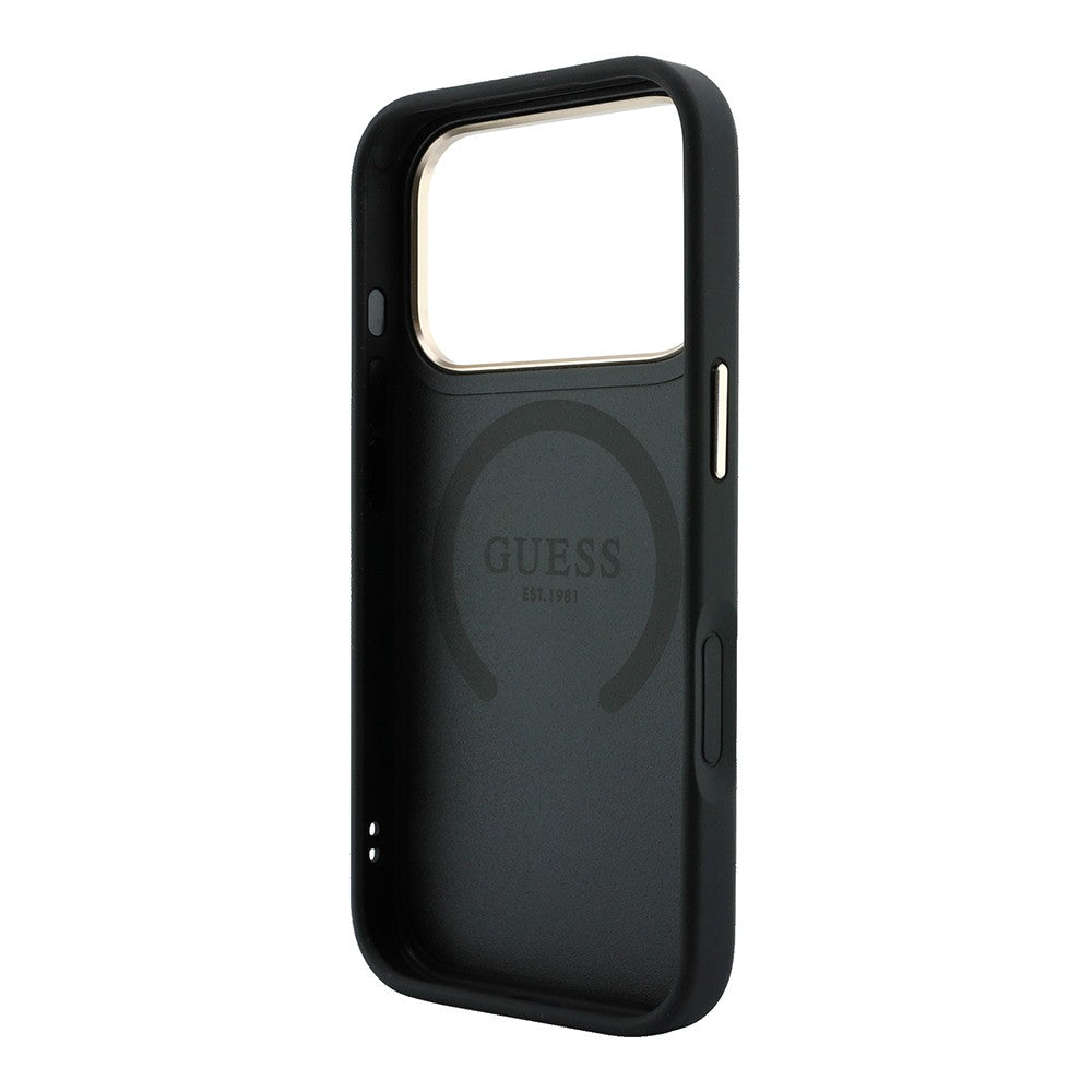 Apple iPhone 18 Pro Kılıf Guess Orjinal Lisanslı M-safe Şarj Özellikli Deri 4G Desenli Şeritli Yazı Logolu Kapak