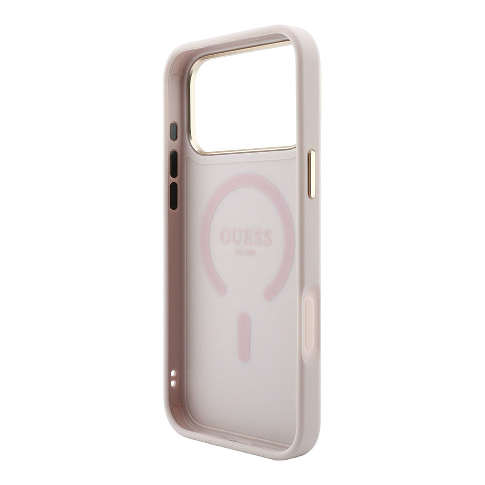 Apple iPhone 18 Pro Kılıf Guess Orjinal Lisanslı M-safe Şarj Özellikli Metal Kamera Çerçeveli C-Magnet 4G Desenli Yazı Logolu Kapak