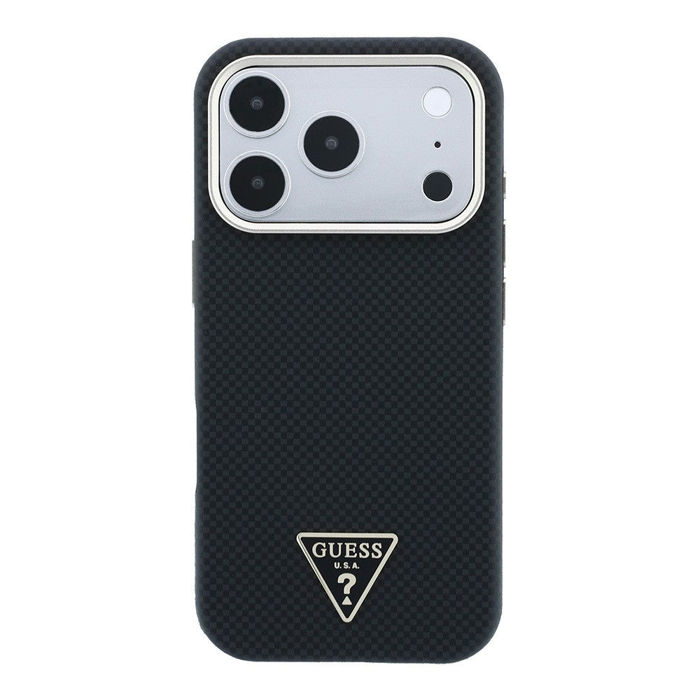 Apple iPhone 18 Pro Kılıf Guess Orjinal Lisanslı M-safe Şarj Özellikli PU Metal Üçgen Logolu Karbon Fiber Kevlar Kapak
