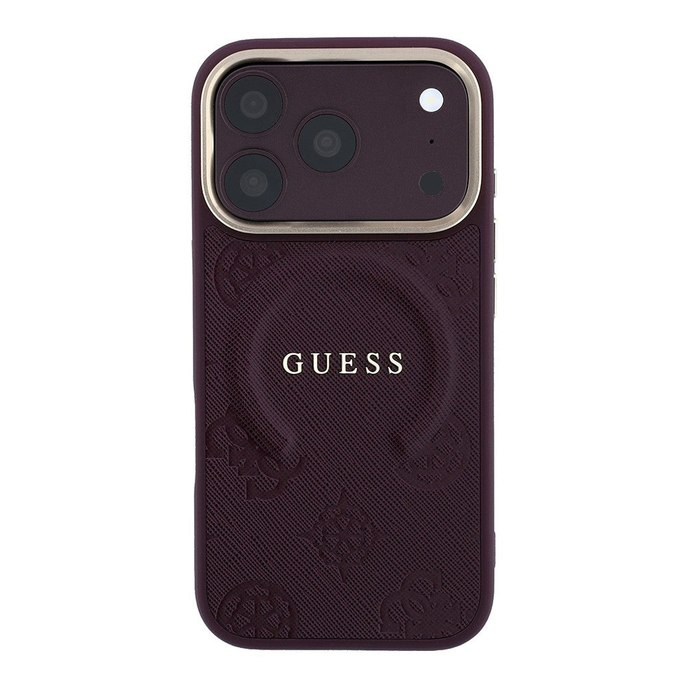 Apple iPhone 18 Pro Kılıf Guess Orjinal Lisanslı M-safe Şarj Özellikli Sıcak Baskılı Yazı Logolu C-Magnet PU Deri Peony Kapak