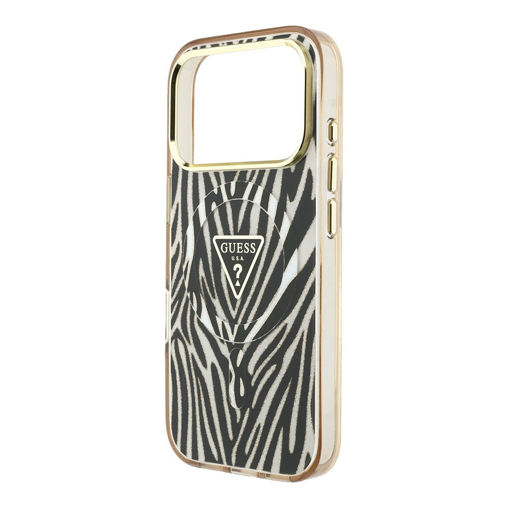 Apple iPhone 18 Pro Kılıf Guess Orjinal Lisanslı M-safe Şarj Özellikli Üçgen Logolu Zebra Desenli Silikon Kapak