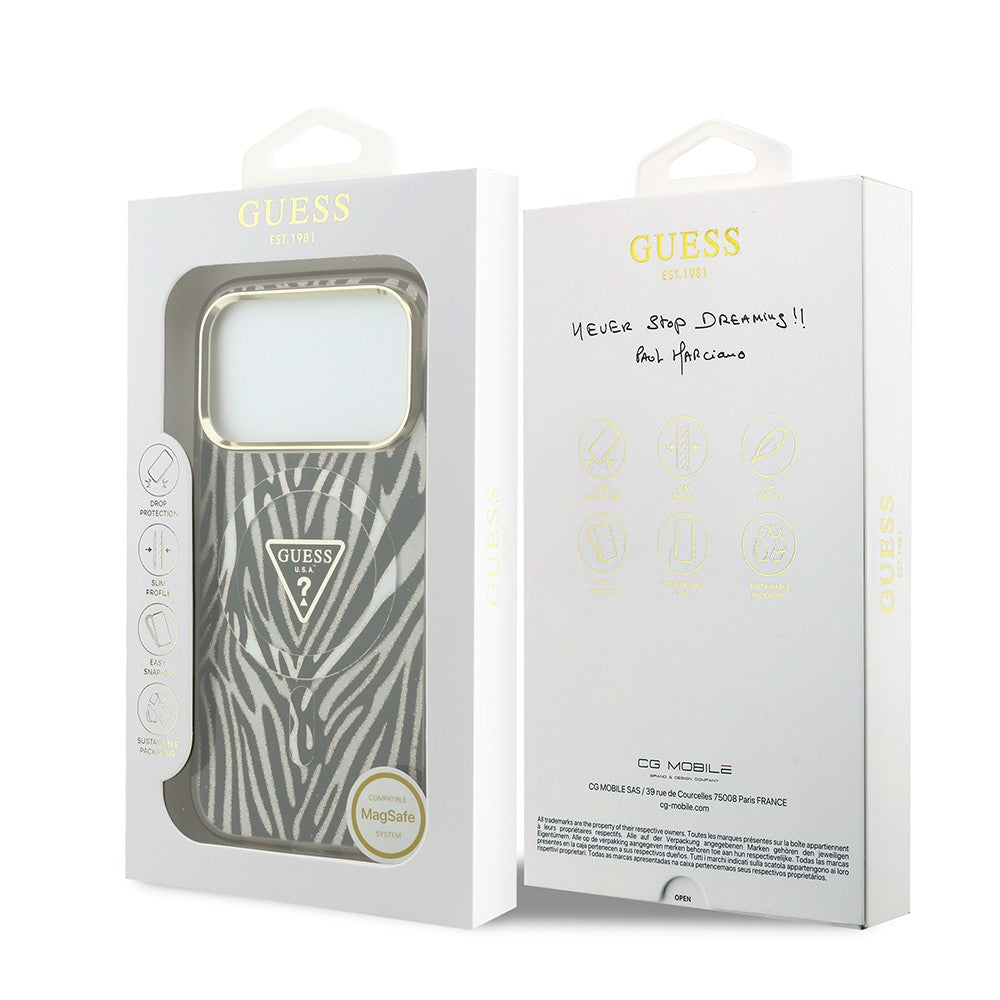 Apple iPhone 18 Pro Kılıf Guess Orjinal Lisanslı M-safe Şarj Özellikli Üçgen Logolu Zebra Desenli Silikon Kapak