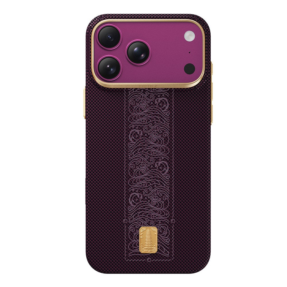 Apple iPhone 18 Pro Kılıf M-safe Şarj Özellikli Raptic Aramid Skin Rise Serisi 24 Ayar Altın Kaplamalı Karbon Kapak