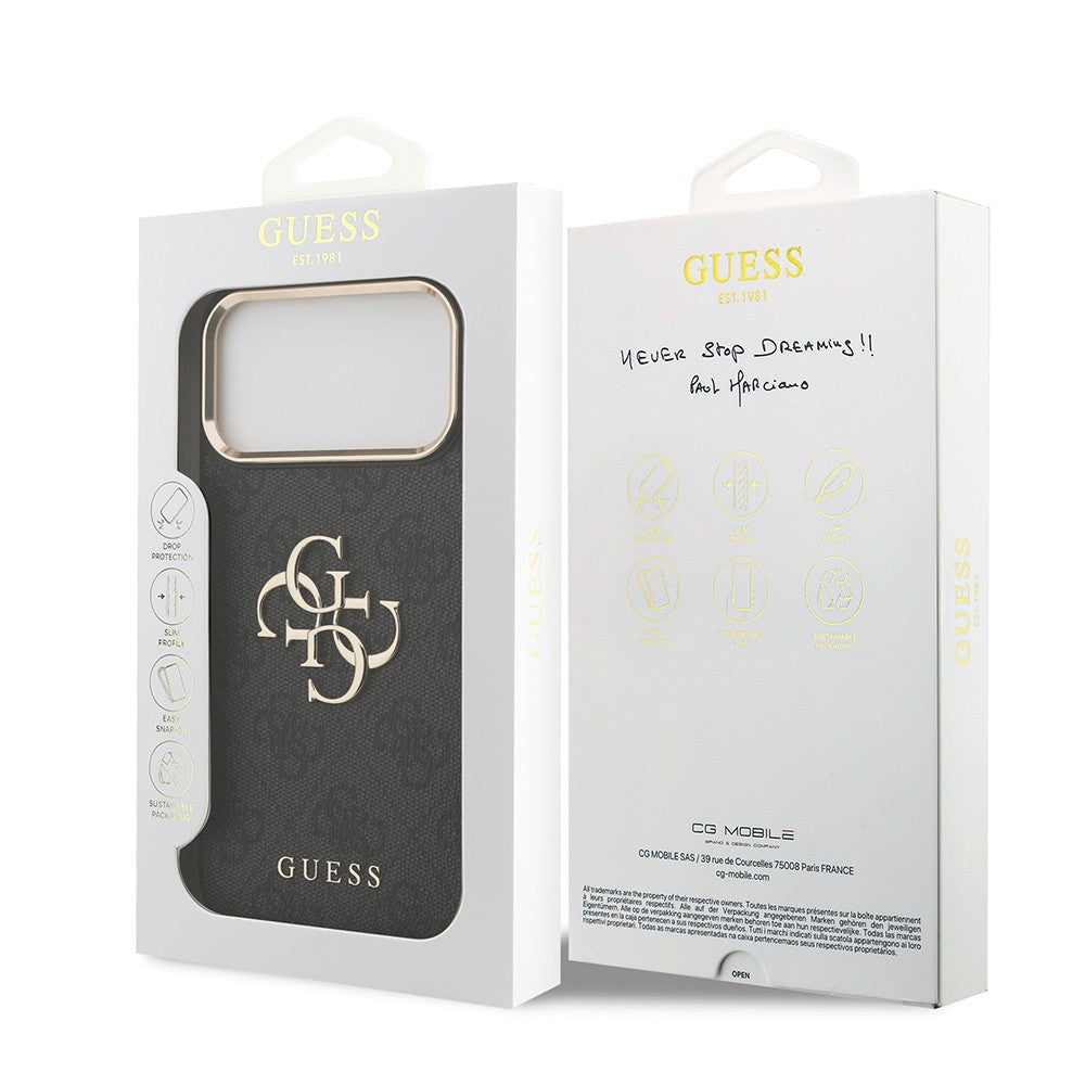 Apple iPhone 18 Pro Max Kılıf Guess Orjinal Lisanslı Gold Metal Kamera Çerçeveli 4G Desenli Metal Büyük 4G ve Yazı Logolu Kapak