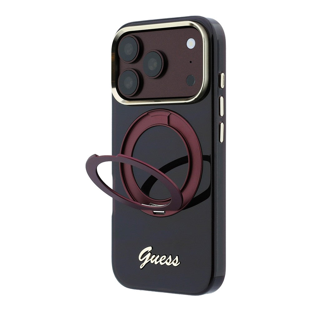 Apple iPhone 18 Pro Max Kılıf Guess Orjinal Lisanslı M-safe Şarj Özellikli 360 Derece Dönebilen Standlı Metal Yazı Logolu Silikon Kapak