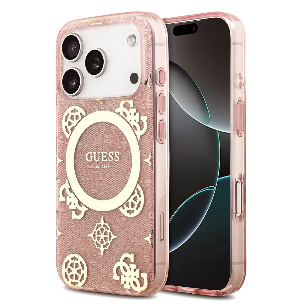 Apple iPhone 18 Pro Max Kılıf Guess Orjinal Lisanslı M-safe Şarj Özellikli IML Peony ve 4G Desenli Klasik Logolu Kapak