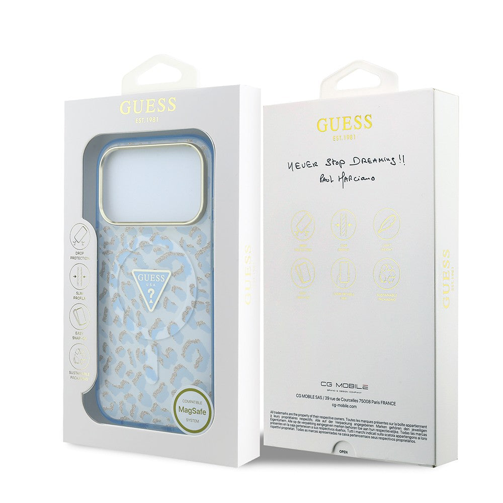 Apple iPhone 18 Pro Max Kılıf Guess Orjinal Lisanslı M-safe Şarj Özellikli Üçgen Logolu Simli Leopar Desenli Kapak