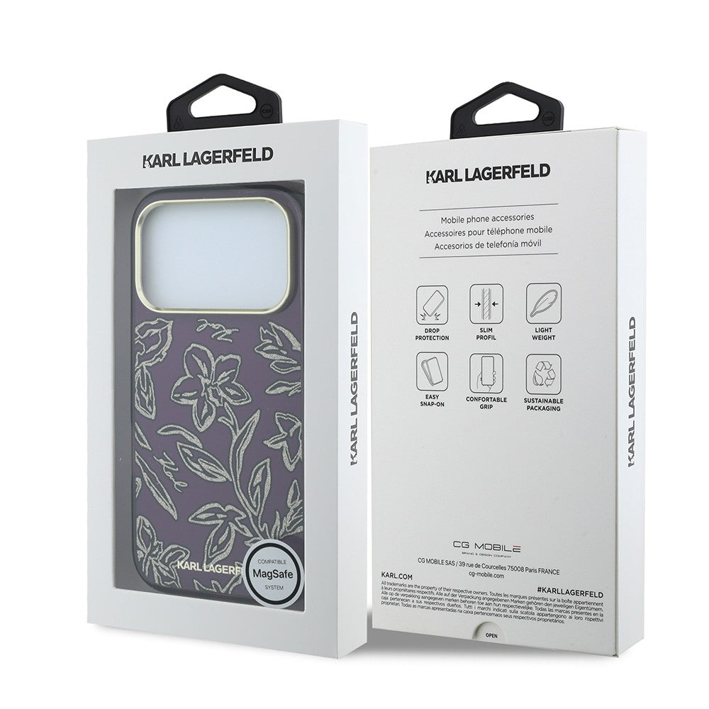 Apple iPhone 18 Pro Max Kılıf Karl Lagerfeld Orjinal Lisanslı M-safe Şarj Özellikli Gold Metal Kamera Çerçeveli Çiçek Tasarımlı Kapak