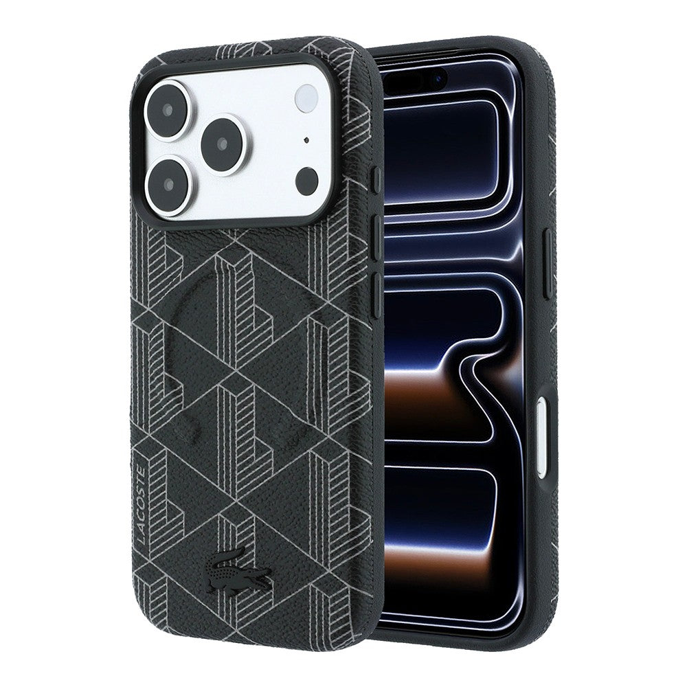 Apple iPhone 18 Pro Max Kılıf Lacoste Orjinal Lisanslı M-safe Şarj Özellikli Metal Logolu Deri Karışık Monogram Desenli Kapak