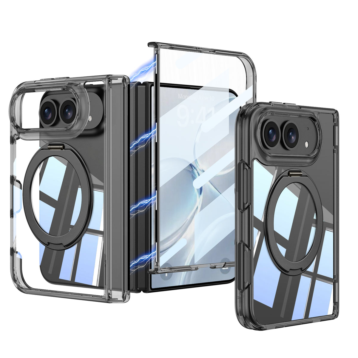 Apple iPhone Duo Kılıf M-safe Şarj Özellikli Zore Kıpta KPT-09 Ring Standlı Şeffaf Sert PC Kapak