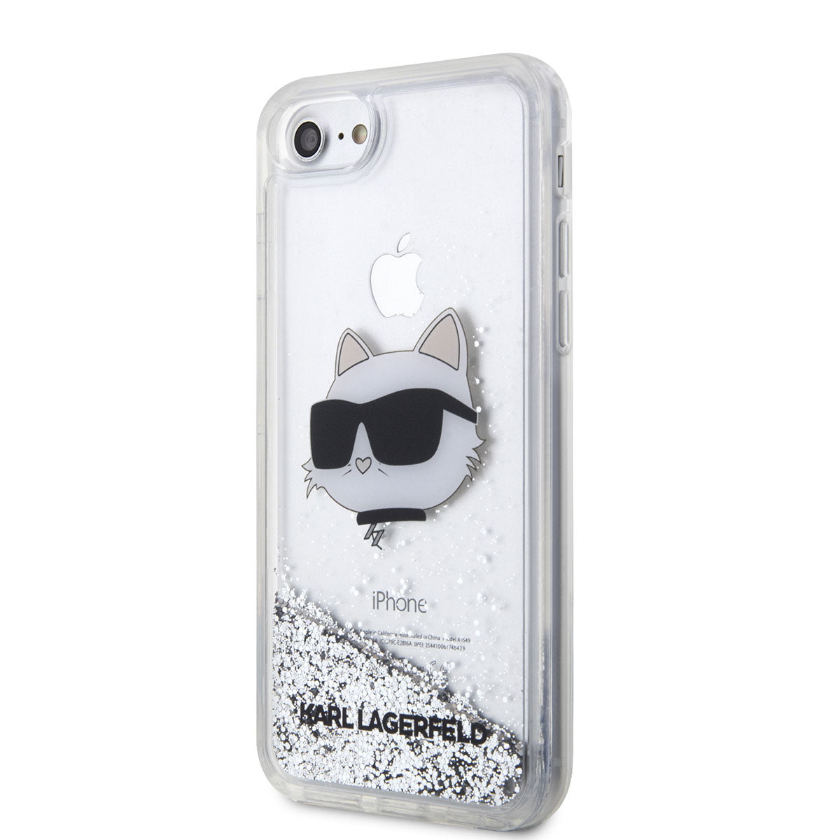 Apple iPhone SE 2020 Kılıf Karl Lagerfeld Sıvılı Simli Choupette Head Dizayn Kapak Gümüş