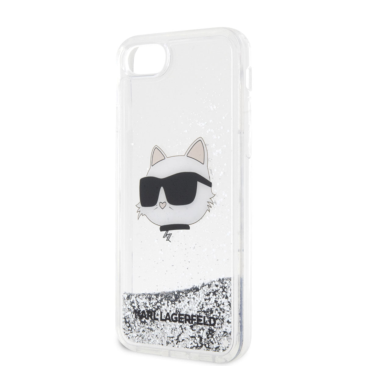 Apple iPhone SE 2020 Kılıf Karl Lagerfeld Sıvılı Simli Choupette Head Dizayn Kapak Gümüş
