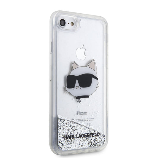 Apple iPhone SE 2020 Kılıf Karl Lagerfeld Sıvılı Simli Choupette Head Dizayn Kapak Gümüş