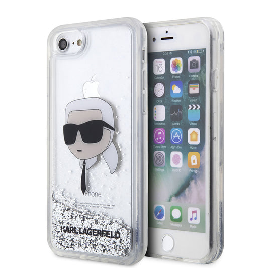 Apple iPhone SE 2020 Kılıf Karl Lagerfeld Sıvılı Simli Karl Head Dizayn Kapak Pembe