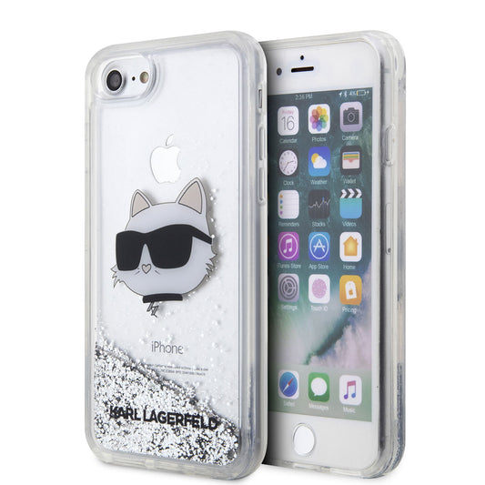 Apple iPhone SE 2022 Kılıf Karl Lagerfeld Sıvılı Simli Choupette Head Dizayn Kapak Gümüş