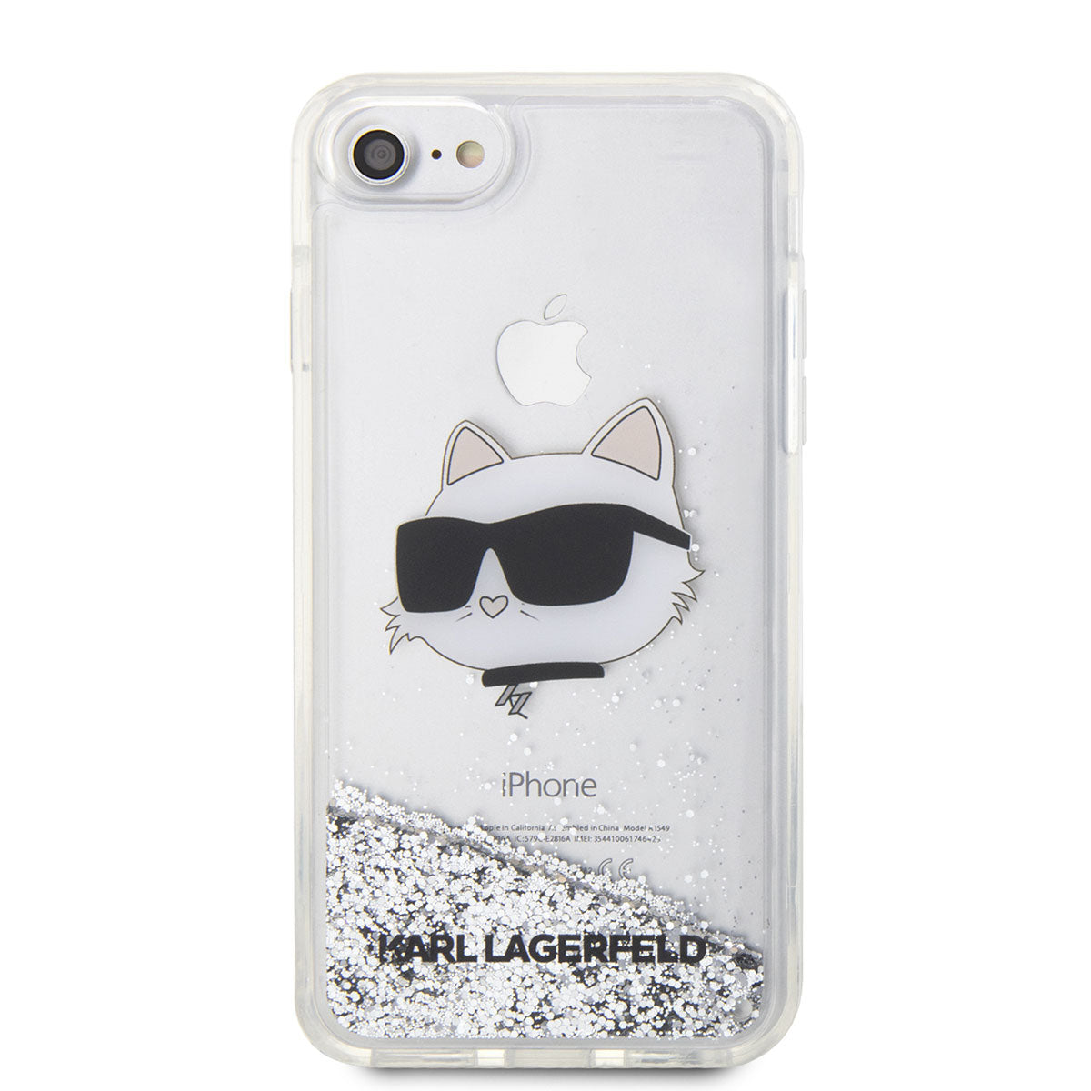 Apple iPhone SE 2022 Kılıf Karl Lagerfeld Sıvılı Simli Choupette Head Dizayn Kapak Gümüş