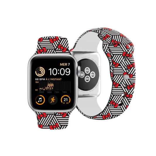 Apple Watch 38mm Hello Kitty Orjinal Lisanslı Fiyonklar & Çizgiler Silikon Kordon Siyah