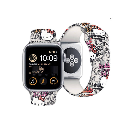 Apple Watch 40mm Hello Kitty Orjinal Lisanslı Etiket Graffiti Silikon Kordon Pembe