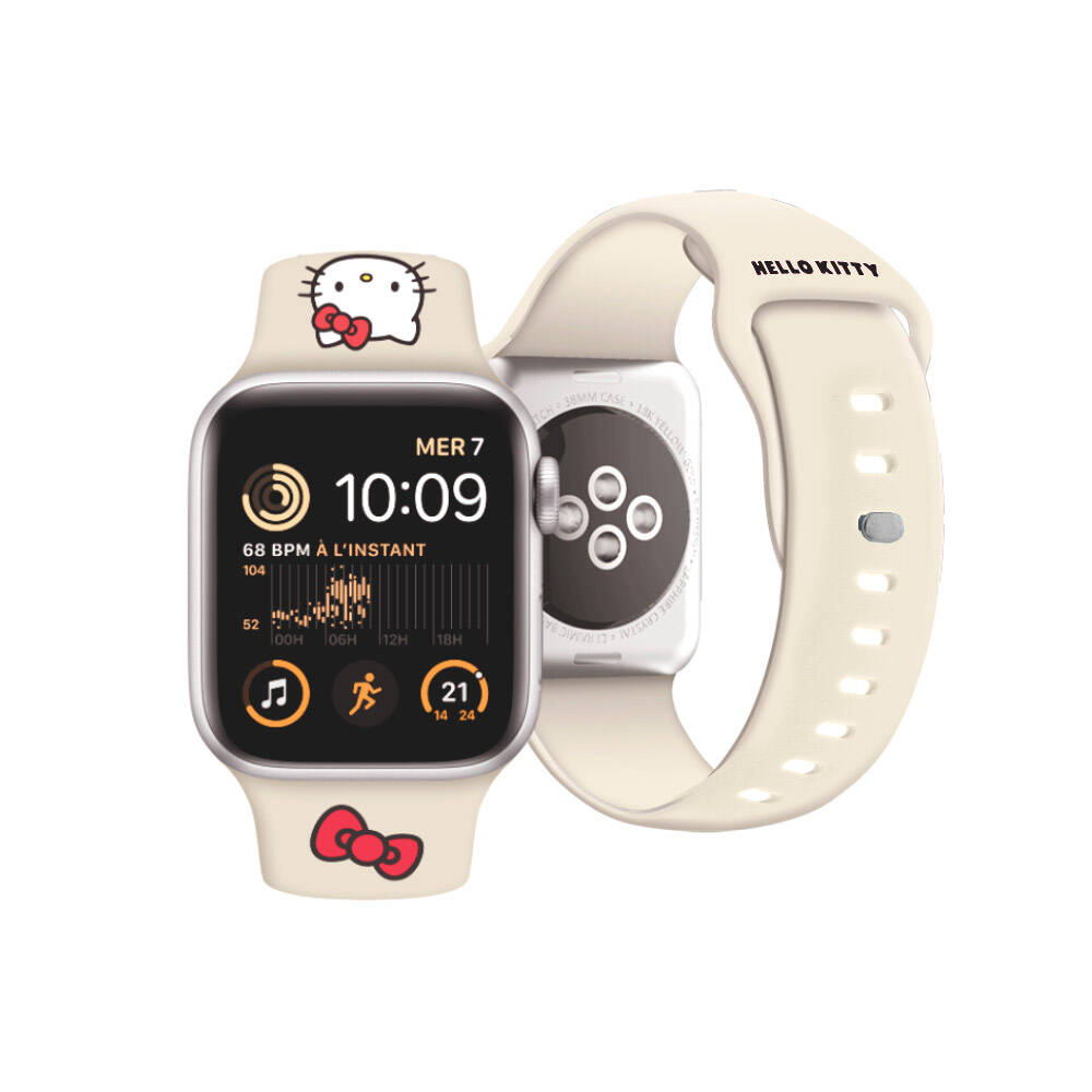 Apple Watch 40mm Hello Kitty Orjinal Lisanslı Yazı Logolu Fiyonk & Kitty Head Silikon Kordon Krem