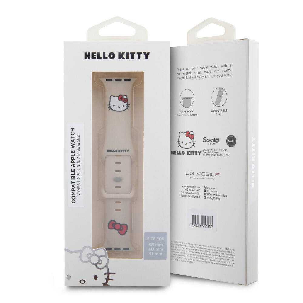 Apple Watch 40mm Hello Kitty Orjinal Lisanslı Yazı Logolu Fiyonk & Kitty Head Silikon Kordon Kırmızı