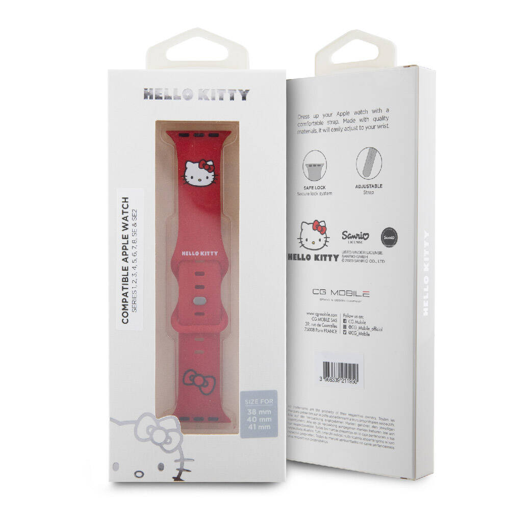 Apple Watch 40mm Hello Kitty Orjinal Lisanslı Yazı Logolu Fiyonk & Kitty Head Silikon Kordon Pembe
