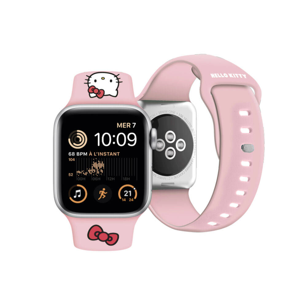 Apple Watch 41mm Hello Kitty Orjinal Lisanslı Yazı Logolu Fiyonk & Kitty Head Silikon Kordon Kırmızı