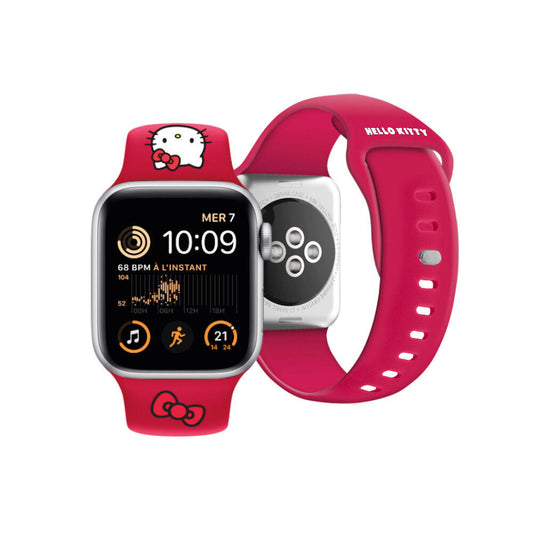 Apple Watch 41mm Hello Kitty Orjinal Lisanslı Yazı Logolu Fiyonk & Kitty Head Silikon Kordon Kırmızı