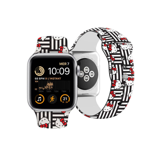 Apple Watch 7 41mm Hello Kitty Orjinal Lisanslı Çizgiler & Kitty Silikon Kordon Siyah