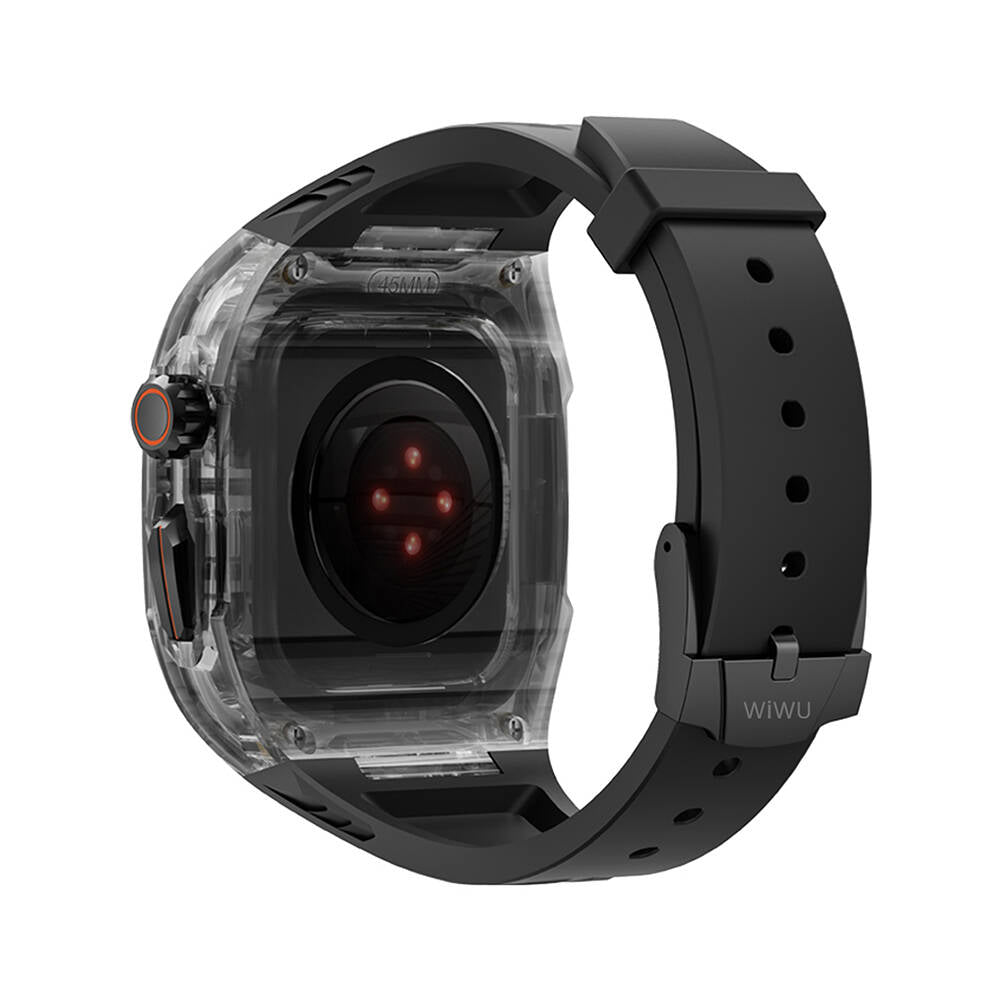 Apple Watch 7 45mm Wiwu Wi-WB013 Rambo Serisi 2in1 Şeffaf PC Kasa Koruyuculu Kauçuk Kordon Siyah
